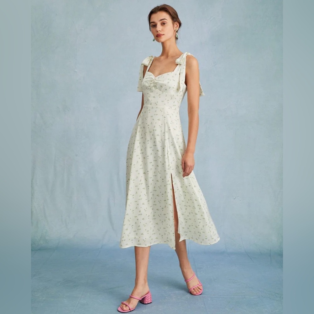 NWT RIHOAS The Light Green Satin Floral Tie Strap Slit Midi Dress - Picture 3 of 8